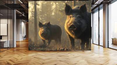 Two wild boars in a forest during golden hour. Wall mural