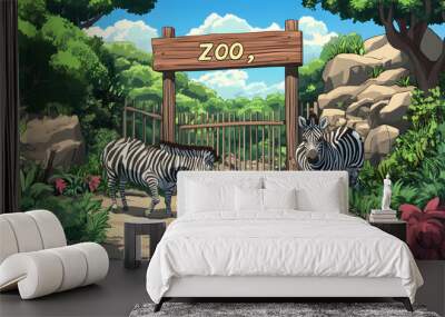 Two zebras stand near the entrance of a zoo. Wall mural