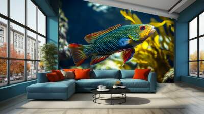 Vibrant blue and red spotted fish swimming in a shallow coral reef. Wall mural