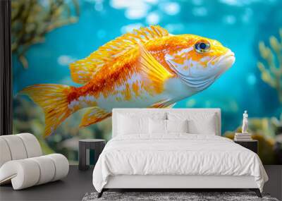 Vibrant orange and white fish swims through turquoise water. Wall mural