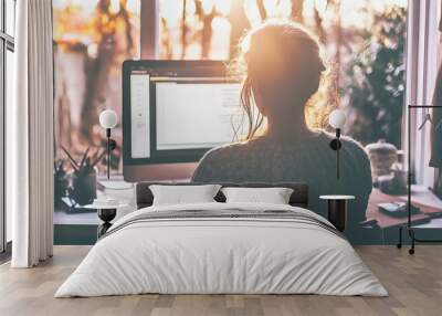 Woman working at her computer with a warm, natural light streaming in through the window. Wall mural