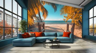 Wooden walkway leading to a tropical beach with palm trees. Wall mural