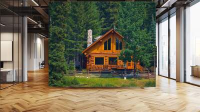 Wooden house commonly found near lakes and rivers. Rocky mountain ( Canadian Rockies ). Portrait, fine art. Near the city of Calgary. Jasper and Banff National Park, Alberta, Canada: August 2, 2018 Wall mural