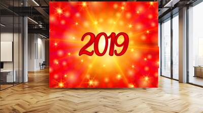 2019 year illustration with rays, bokeh lights on red background. Wall mural