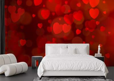 Red bokeh background with hearts, golden bokeh lights, holiday decorative effect. Wall mural