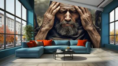  hands covering the eyes of an old man, against a sky background,  Wall mural