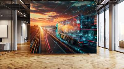 A futuristic smart truck driving on a highway  Wall mural