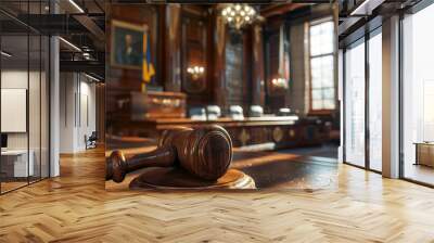 A wooden judge's gavel  on a desk in a court room, Wall mural