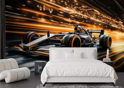 Futuristic  Formula One car driving fast in the city, with motion blur and speed lines.  Wall mural