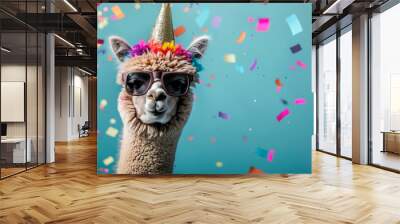 Happy Birthday, carnival, ,Alpaca with party hat and sunglasses on blue background Wall mural