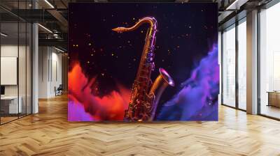 International jazz day and World Jazz festival banner with saxophon on splashing abstract colorful dust  Wall mural