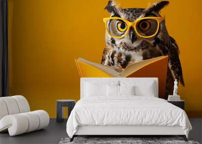 Owl with yellow  book , concept of a smart animal and education, Wall mural