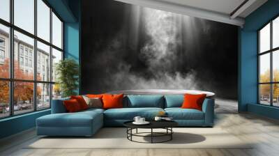 Podium black dark smoke background product platform abstract stage texture fog spotlight. Wall mural