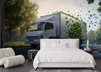 White delivery truck with green leaves flying around Wall mural