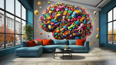 Cerebro conformado de muchos juguetes infantiles. representa la importancia del juego en el niño para el desarrollo neurológico del cerebro. Apto para todo aquel que practique la neurologia. Abstracto Wall mural