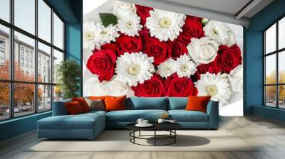 bouquet of red roses and white chrysanthemums in gift wrapping on a white isolated background, top view Wall mural