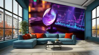 Data analysis, search engine optimization or SEO. magnifier, charts, graphs. ultraviolet and neon screen. AI generative Wall mural