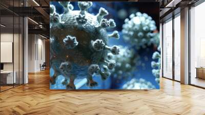 a computer-generated virus with many tentacles, floating in a dark blue space with white particles. Wall mural