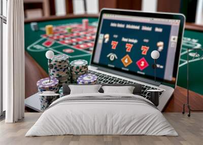 a laptop with a group of poker chips in front of it. It depicts a scene related to indoor games, specifically poker, being played on a computer. Wall mural