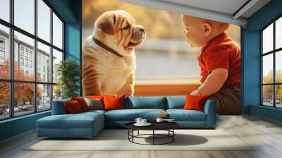 Cute child with puppy dog created with Generative AI technology Wall mural