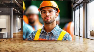 four men wearing hard hats and safety glasses, standing in front of a green wall. Two of them are wearing orange hard hats, while the other two are wearing silver hard hats. Th Wall mural