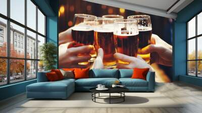 Friends making a toast with glasses of beer created with Generative AI technology Wall mural