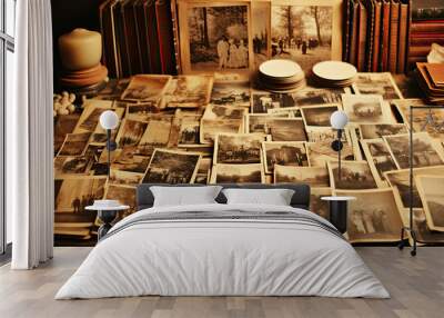 Stacks of old photographs on the table created with Generative AI technology Wall mural