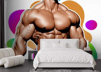 Sticker illustration of a muscular shirtless male bodybuilder on a transparent background created with Generative AI technology Wall mural