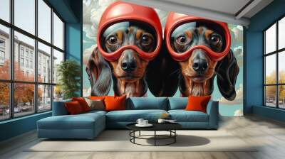 two dachshunds wearing red helmets and goggles, standing side by side on a cloudy day. Wall mural