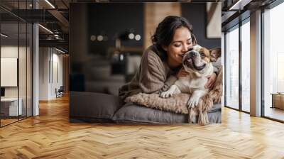 woman sitting on sofa with dog created with Generative AI technology Wall mural