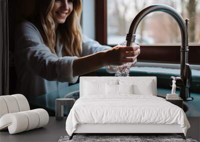 woman washing hands in the sink created with Generative AI technology Wall mural