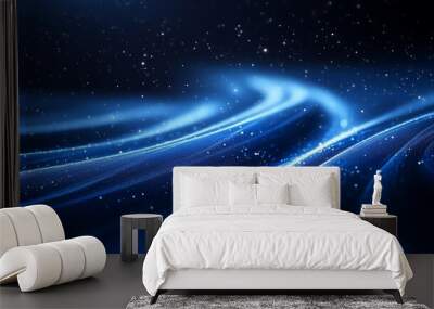 Abstract blue waves and starry background in a futuristic style Wall mural