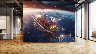 Cargo spaceship orbiting Earth, futuristic global logistics concept Wall mural