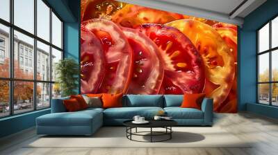 Close-up of vibrant sliced tomatoes in red and yellow hues Wall mural