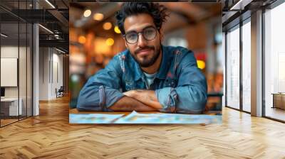 Confident Young Man with Glasses in a Casual Denim Jacket Indoors Wall mural