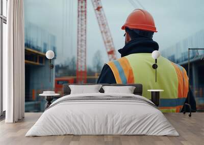 Construction Worker Overseeing Building Site with Cranes in Background Wall mural