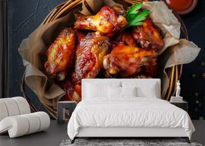 Delicious Grilled Chicken Wings Served in a Rustic Basket Wall mural