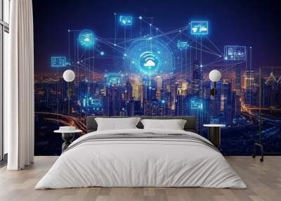 Digital cloud computing and data networks visualized over a cityscape Wall mural