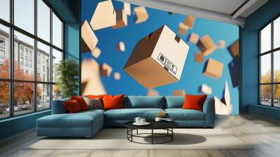 Floating cardboard boxes in mid-air against a blue background Wall mural