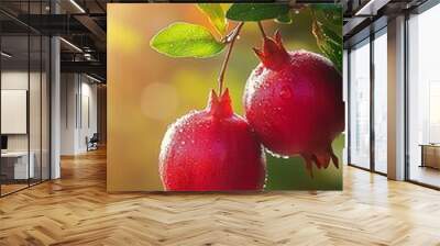 Fresh Pomegranates Hanging on Branch with Morning Dew Wall mural