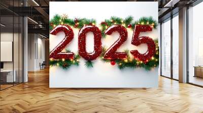 Glittery red 2025 sign with Christmas lights and festive decorations Wall mural