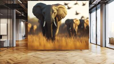 Herd of elephants walking through golden grassland at sunset Wall mural