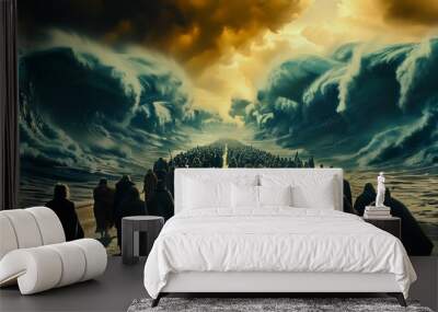 Large Crowd Crossing Through Divided Ocean Under Stormy Sky Wall mural