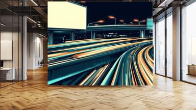 Light trails on busy highway at night with blank billboard Wall mural