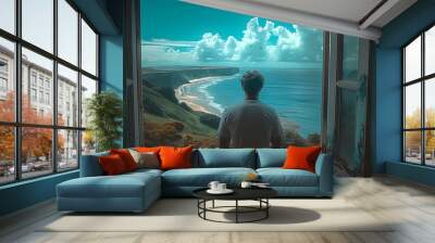 Man Enjoying Scenic Ocean View from Open Window Wall mural