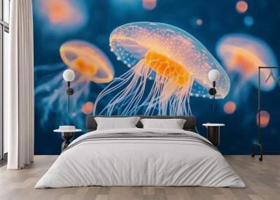 Multiple glowing jellyfish swimming gracefully in dark ocean water Wall mural