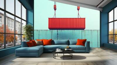 Red Shipping Container Lifted by Crane	 Wall mural