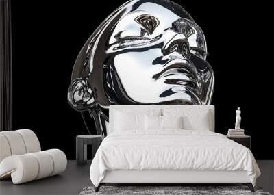 Reflective Chrome Human Head Sculpture Against Black Background Wall mural