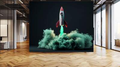 Retro-styled toy rocket launching with green smoke on a dark background Wall mural