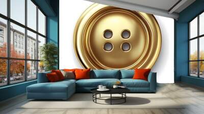 Shiny golden button with four holes on a white background Wall mural